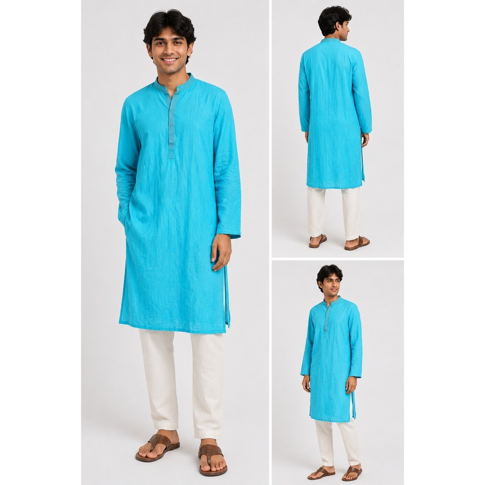 Manyavar Blue Kurta Tunic XL 42 Long Sleeve Textured Geometric Ethnic Mens